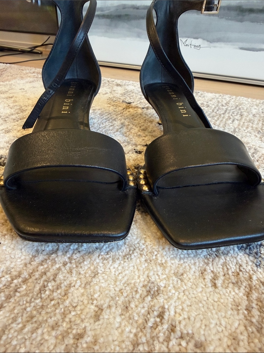 Gianni Bini Black Strappy Studded Kitten Heeled Sandals - Picture 3 of 10